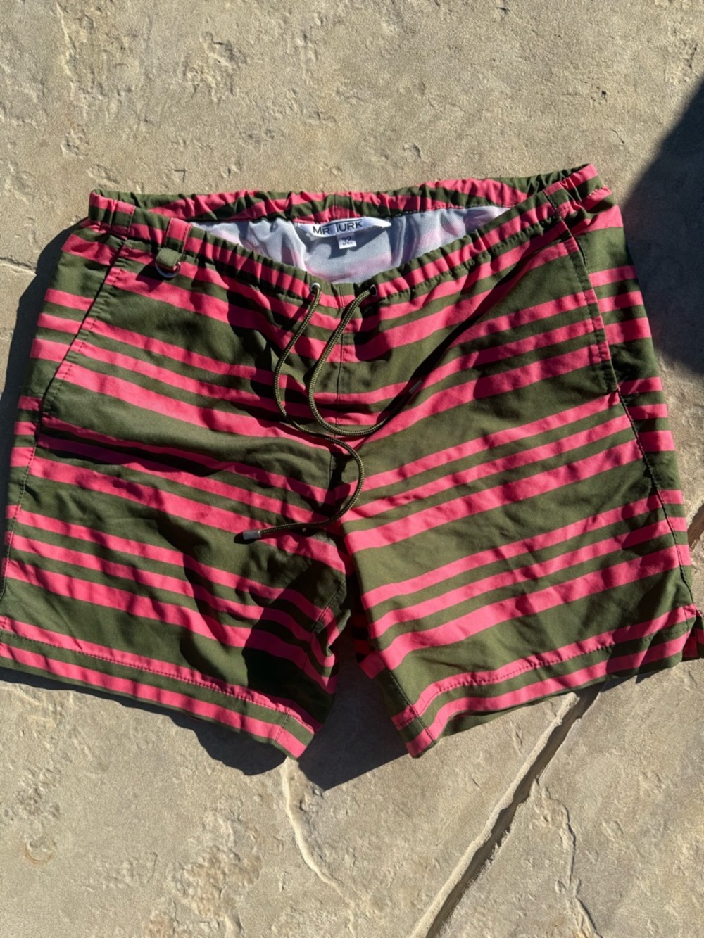 Men's Olive Green & Pink Stripe Swim Trunks